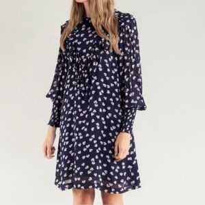 Ganni Navy Floral Ruffle Neck Dress